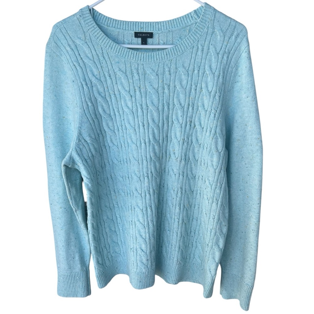 Talbots Pale Blue Tweed Cable-Knit Crewneck Sweater Size XL